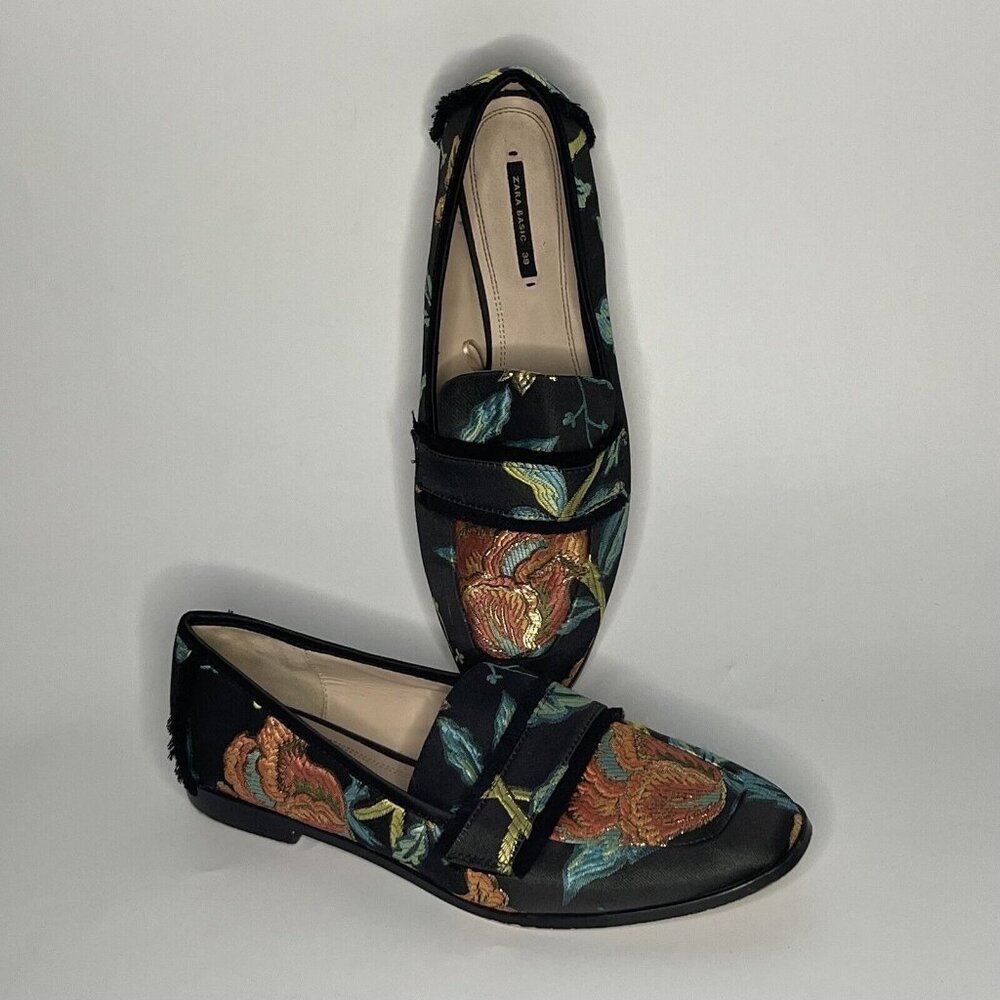 ZARA BASIC sz 39/8 Black Orange Green Blue Floral Brocade Fabric Loafers Shoes